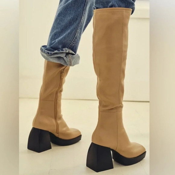Jeffrey Campbell Shoes - Jeffrey Campbell Dauphin Over The Knee Tan Boots Square Toe Platform Heel 8.5